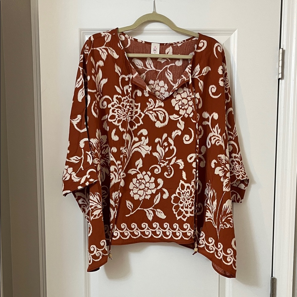 Elegant Floral Women's Blouse in Rust and White